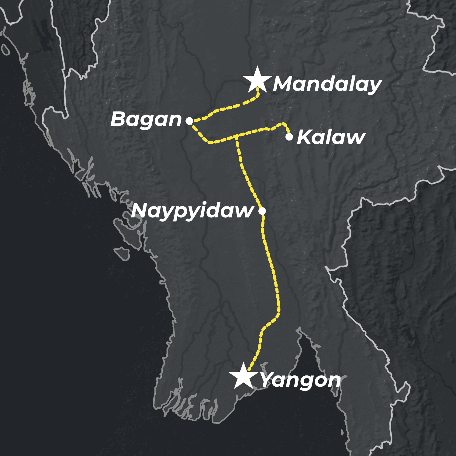Map of Myanmar for Junta-Only Highlights itinerary